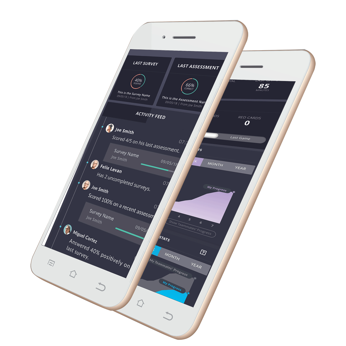 Image of two phones, stacked, showing the Ripple activity feed and survey results.