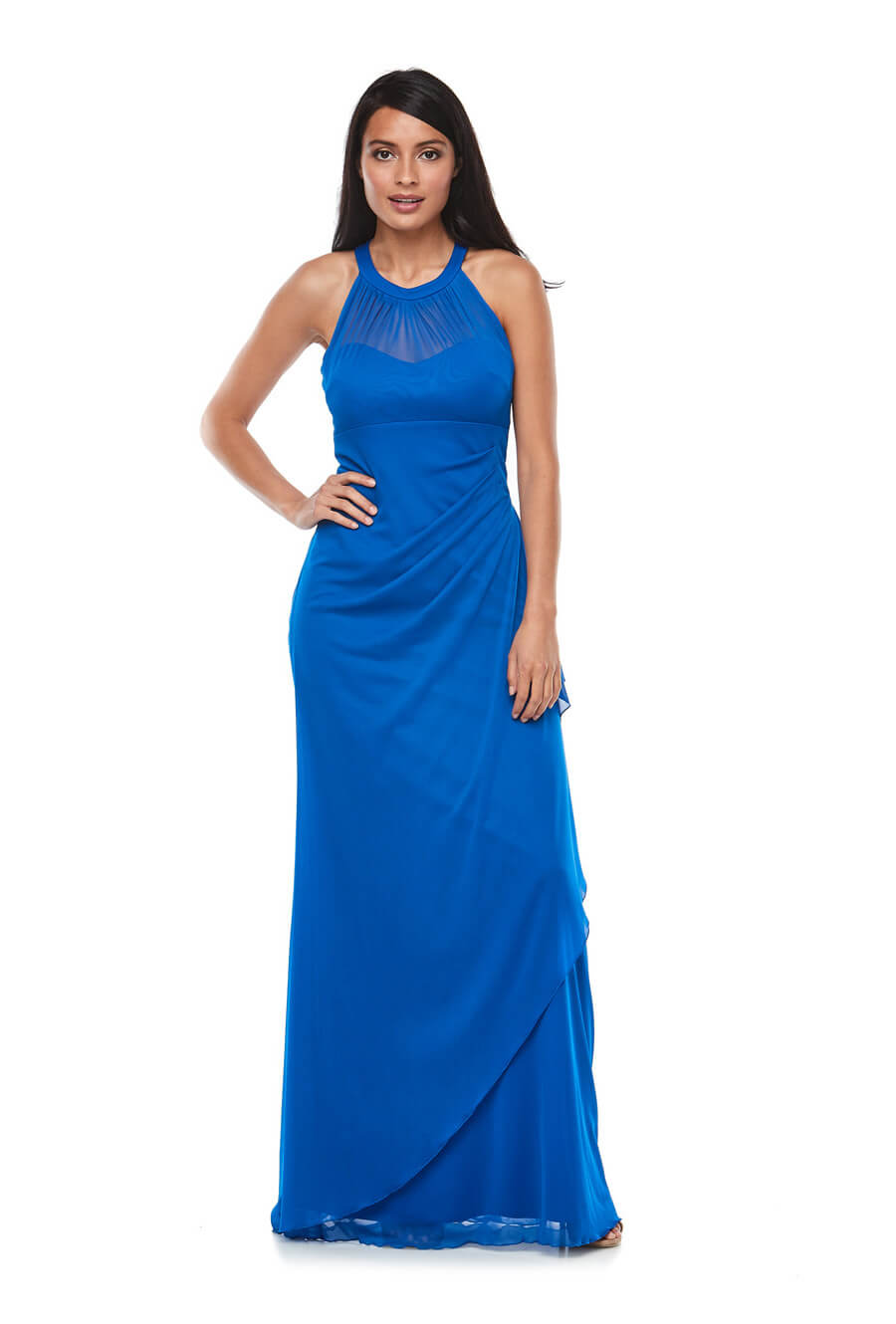 Stretch chiffon dress with cut away shoulders and wrap skirt
