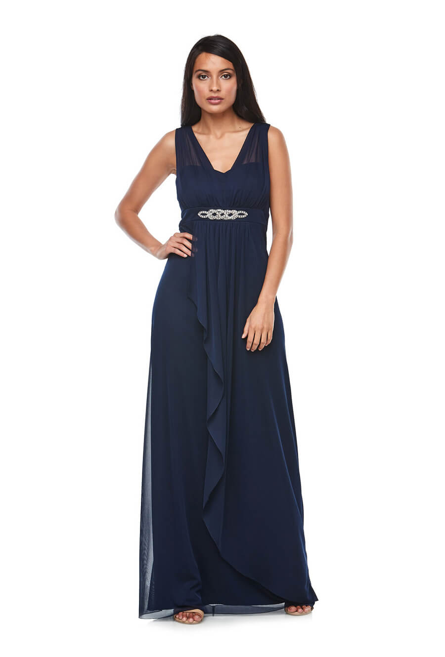 Stretch chiffon dress with waterfall front overlay skirt & diamanté trim