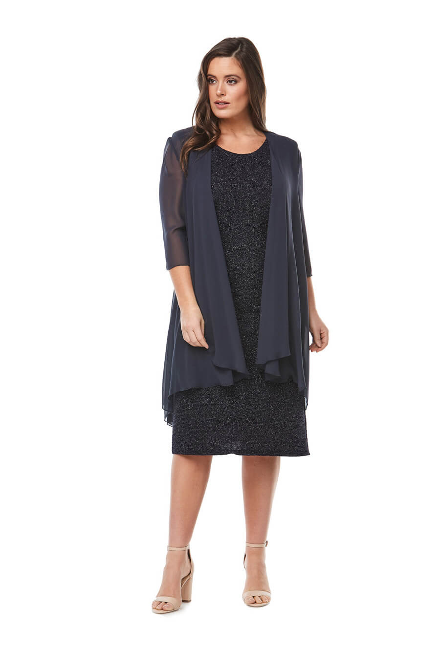 Mid length sleeveless stretch jersey cocktail dress with 3/4 chiffon waterfall jacket