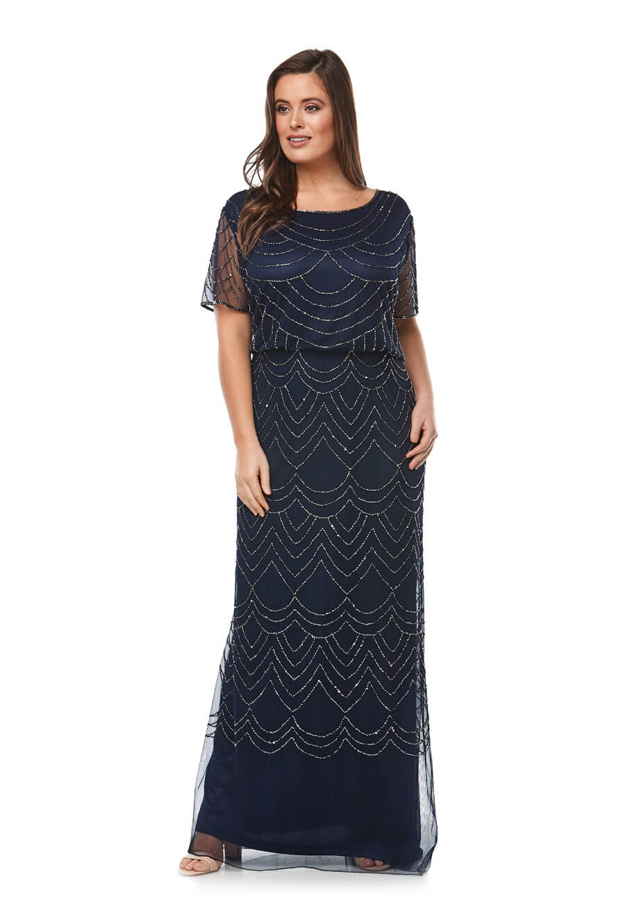 Long beaded chiffon gown with short sleeves & gathered waistline