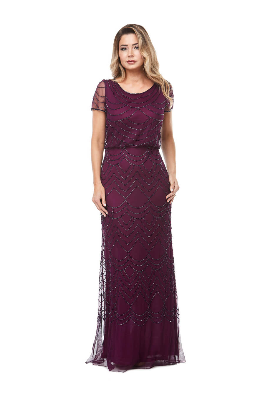 Long beaded chiffon dress with short sleeves & gathered waistline