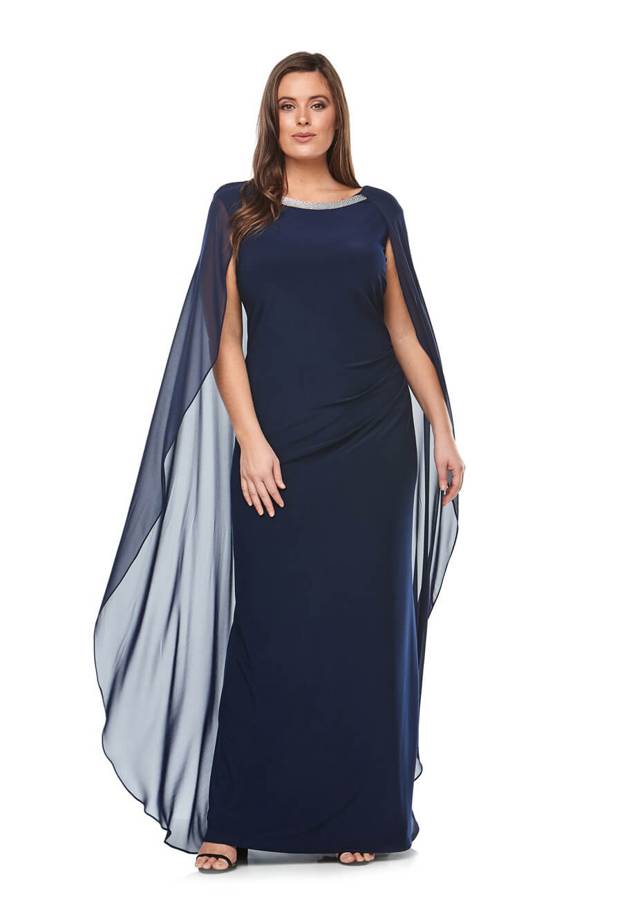 Stretch jersey gown with ruching at waistline, chiffon overlay cape & beaded neckline detail