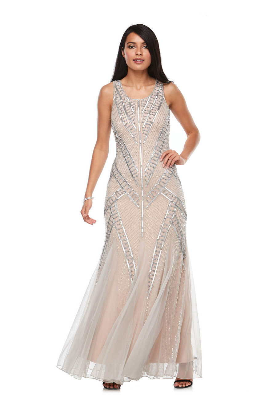 Sleeveless beaded chiffon gown with fishtail skirt