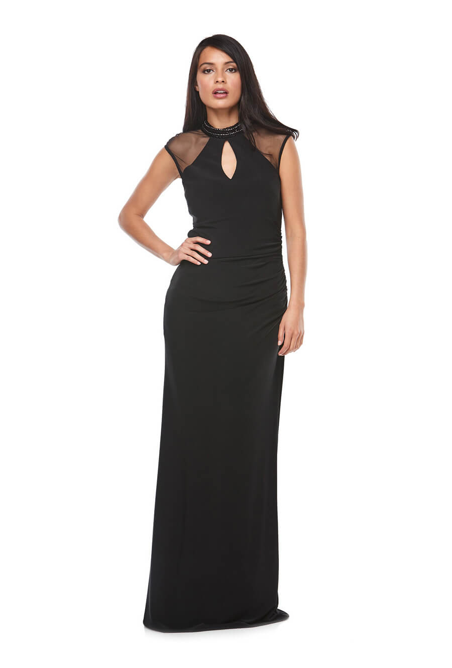 Long stretch jersey gown with sheer cap sleeves, keyhole detail & beaded neckline