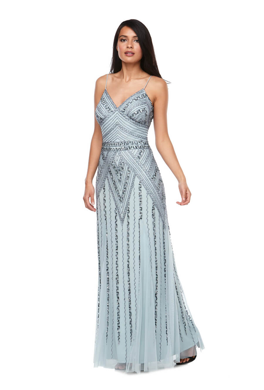 Long chiffon beaded gown with thin spaghetti straps & fishtail skirt