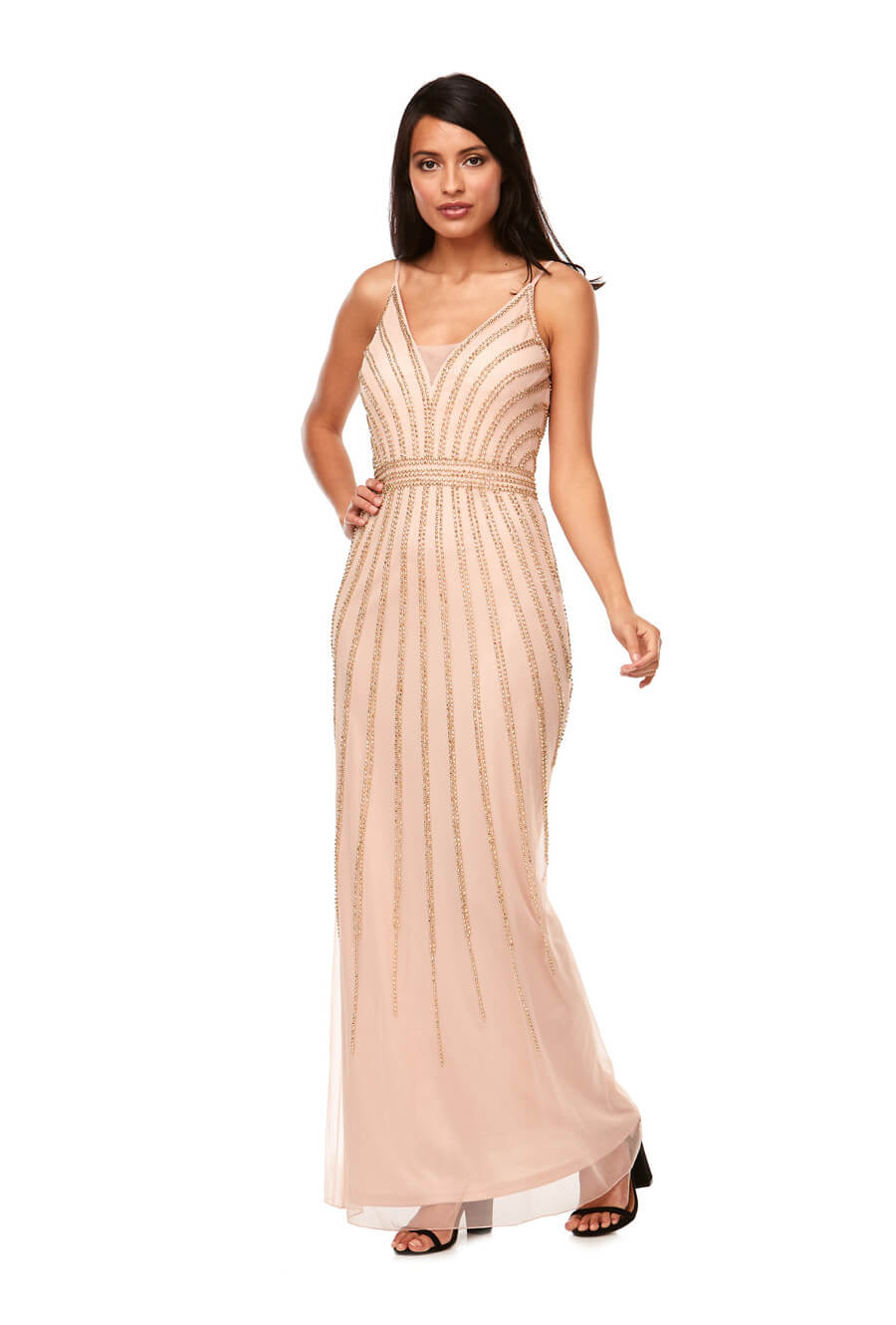 Long chiffon beaded gown with thin spaghetti straps & sheer V neck insert