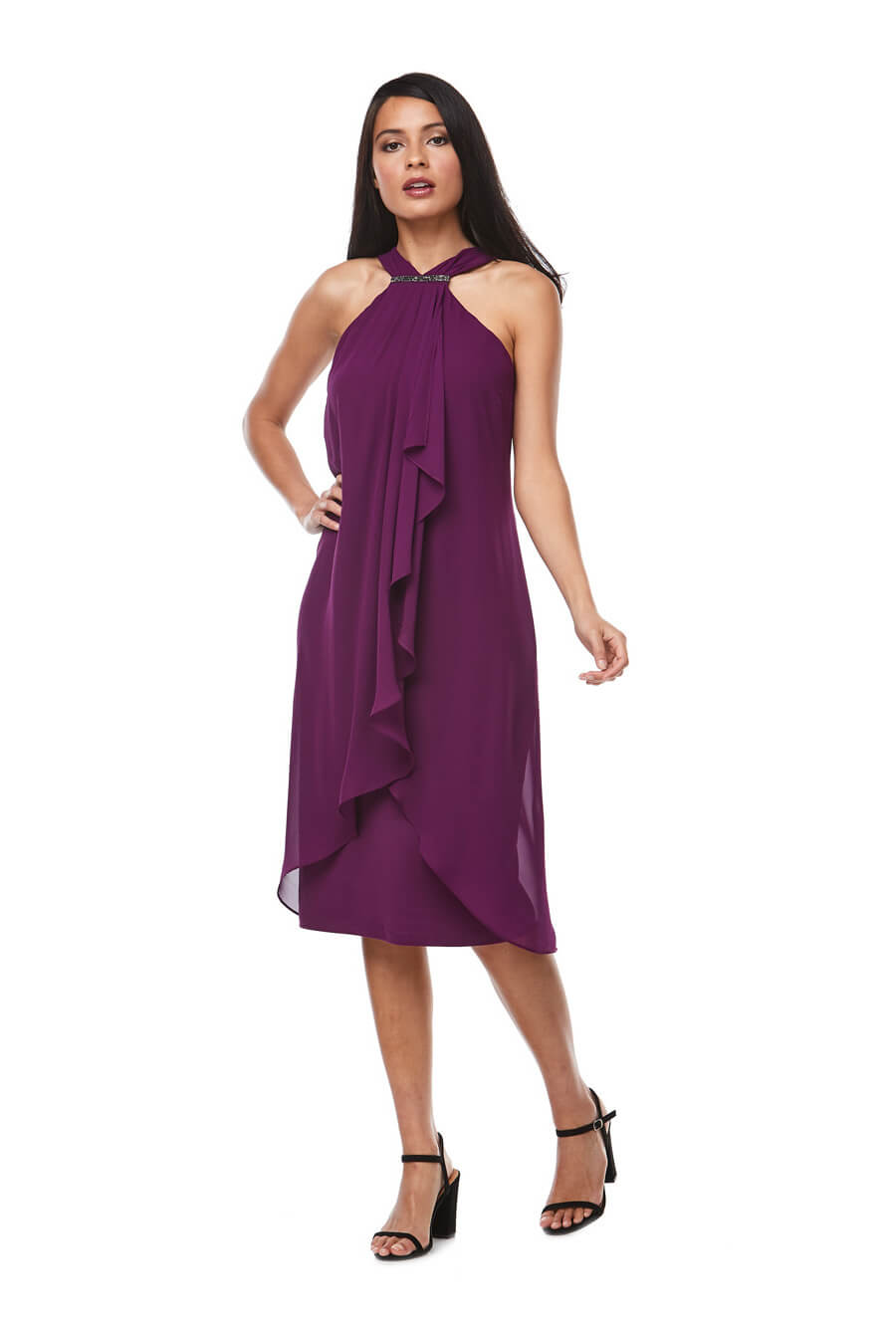 Chiffon Halter dress with waterfall front and beaded trim