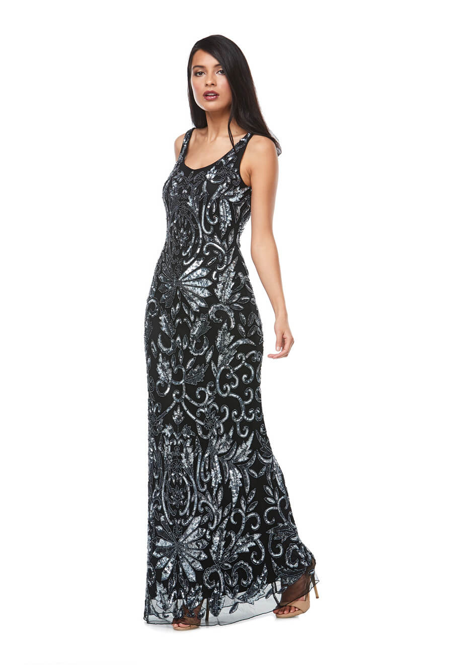 Sleeveless long beaded chiffon gown