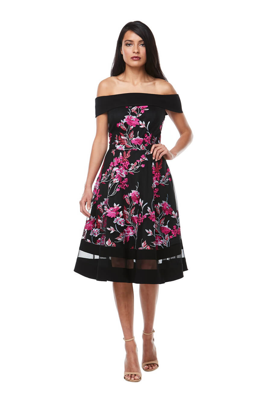 Off the shoulder A-line dress with hot pink embroidery