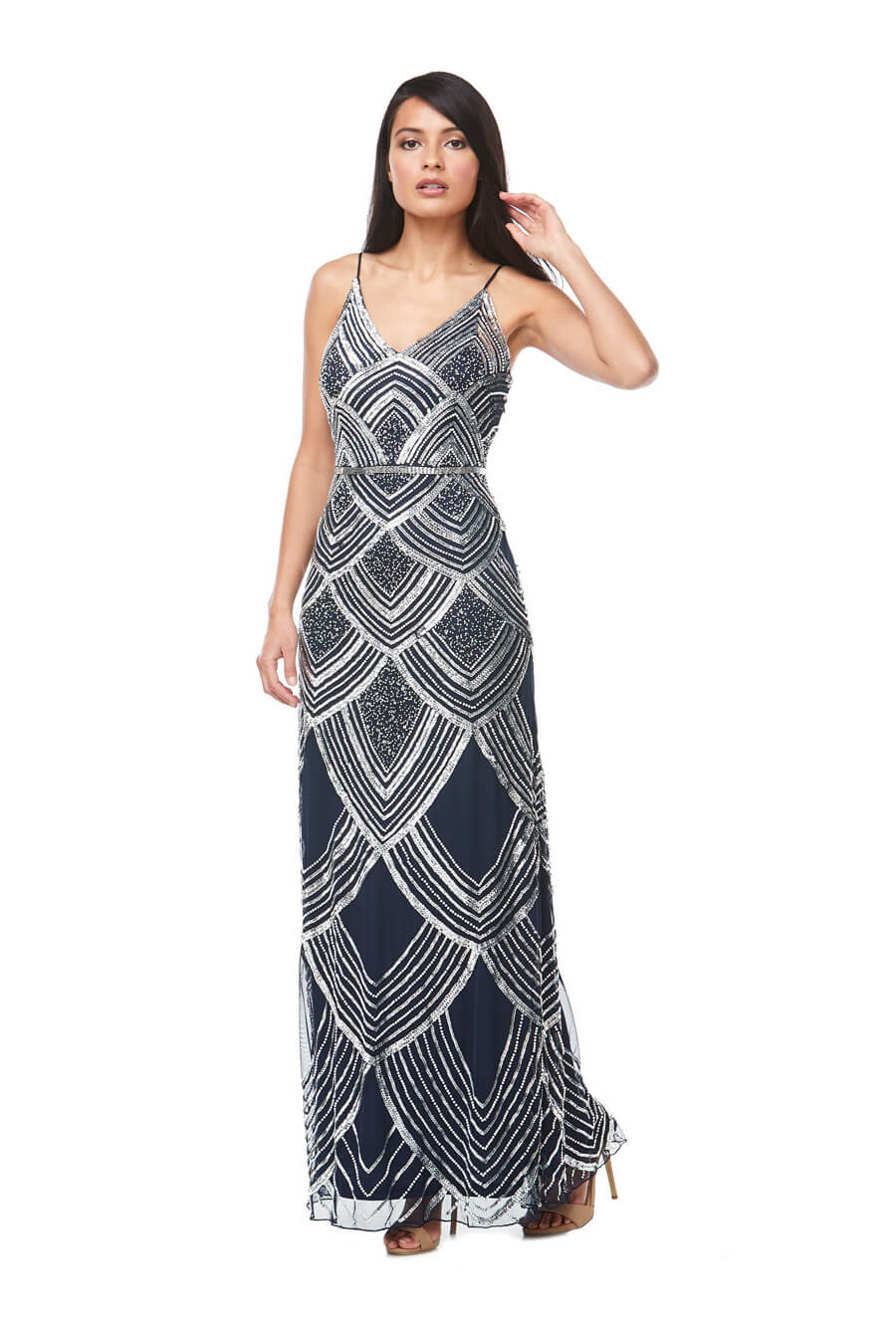 Long beaded chiffon gown with thin spaghetti straps