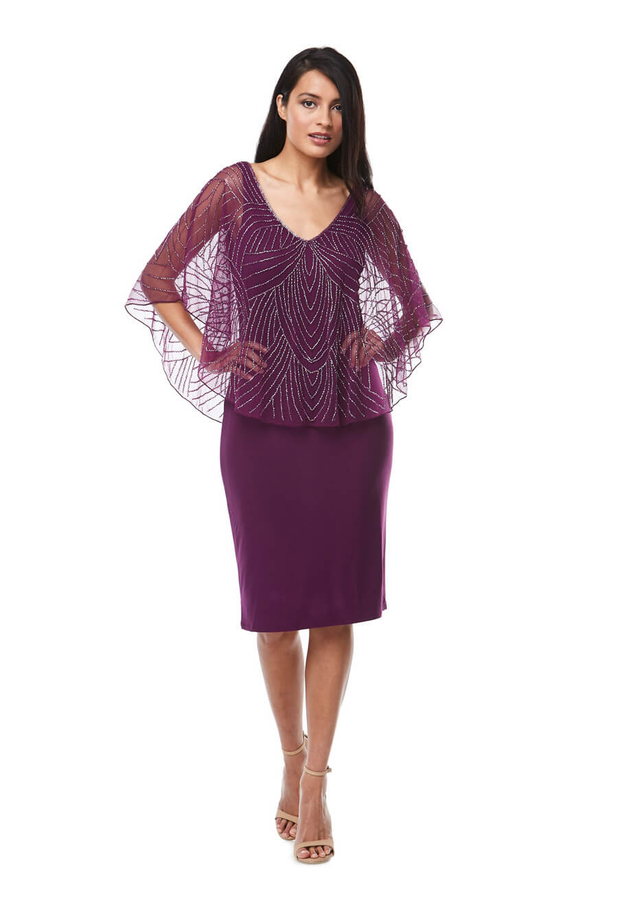 Short jersey stretch cocktail dress with beaded overlay