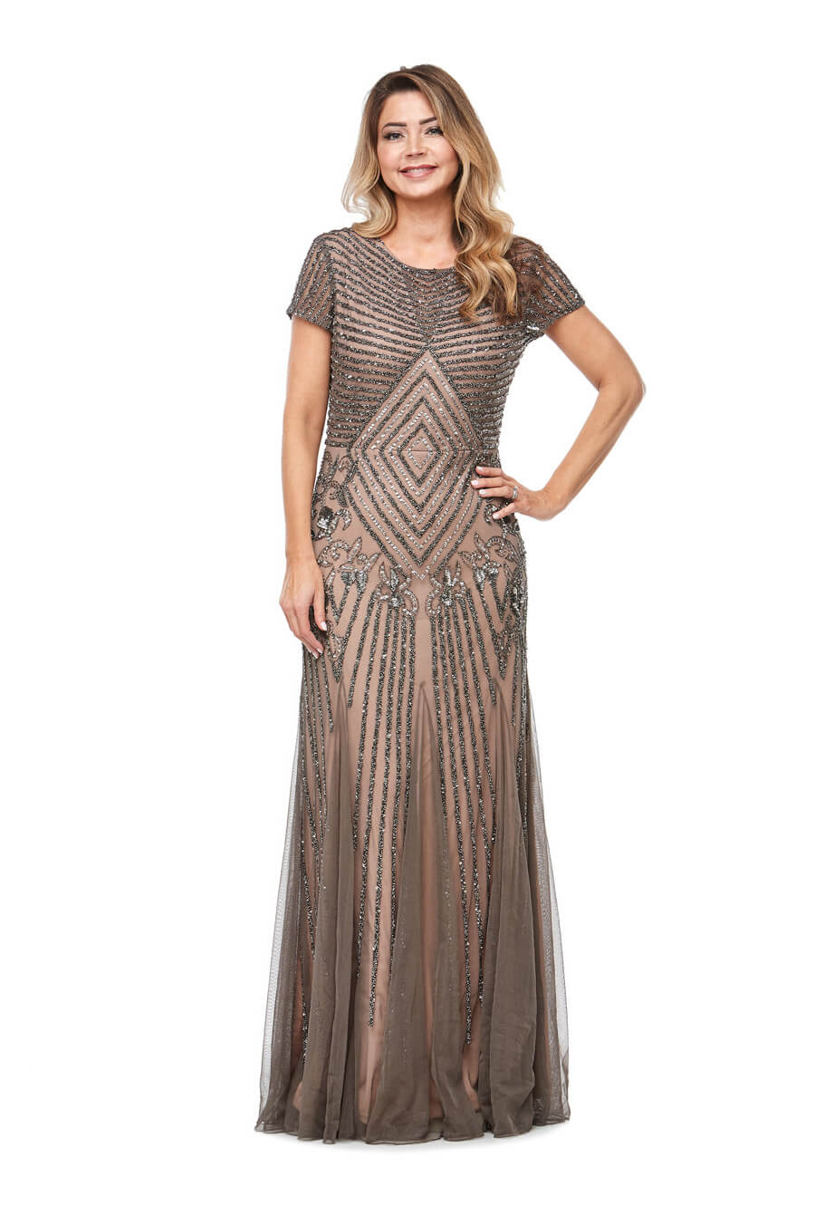 Long chiffon beaded gown with cap sleeves