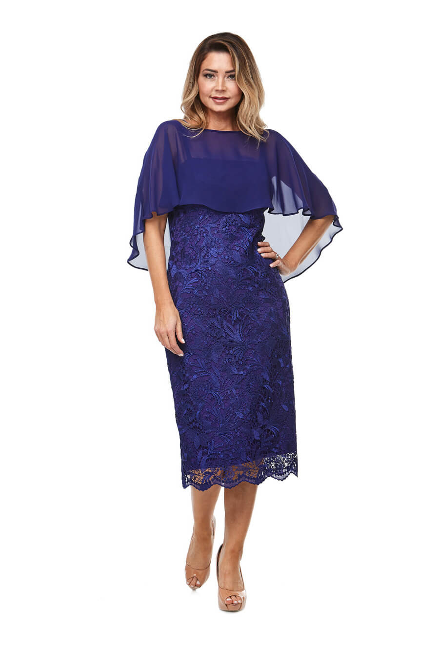 Mid length embroidered cocktail dress with scallop hem & chiffon cape overlay