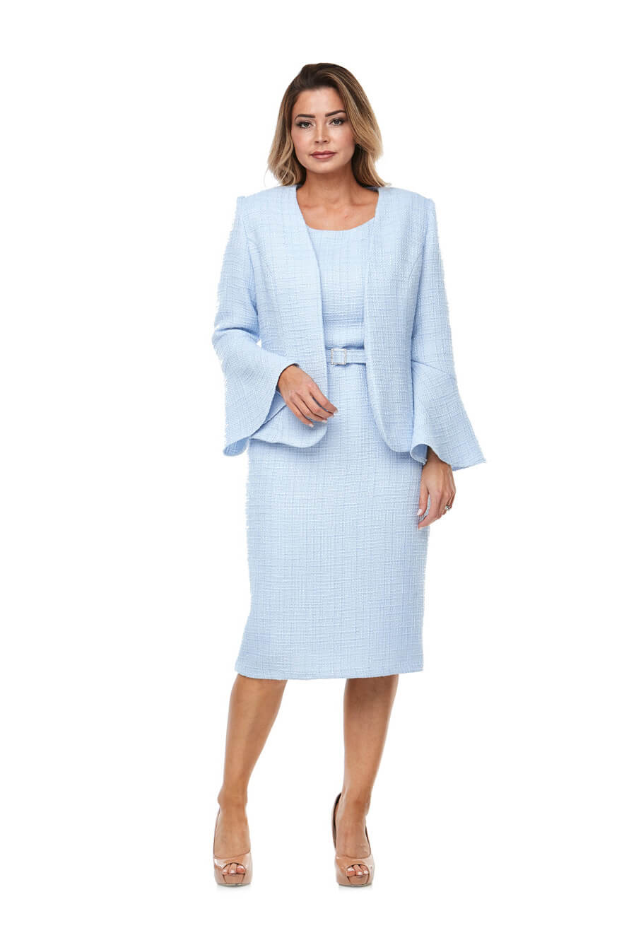 Mid length shift dress with cap sleeve, matching belt & tailored bell sleeve jacket