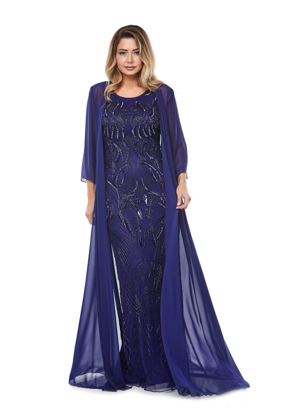 Long sleeveless stretch chiffon beaded gown with floor length chiffon jacket