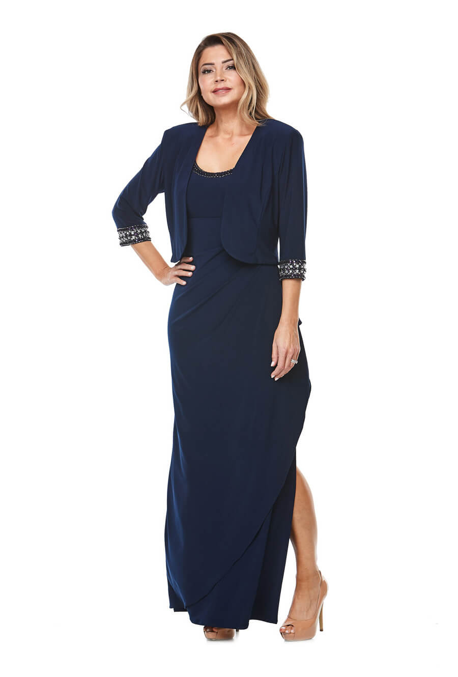Long sleeveless gown with gathered wrap front & tailored 3/4 jacket with diamanté trim