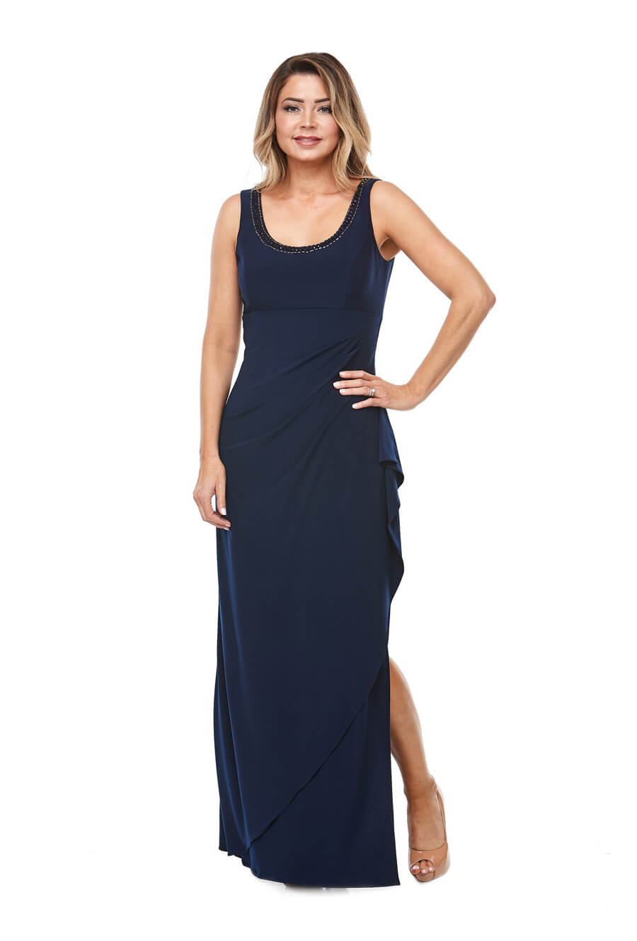 Long sleeveless gown with gathered wrap front & tailored 3/4 jacket with diamanté trim