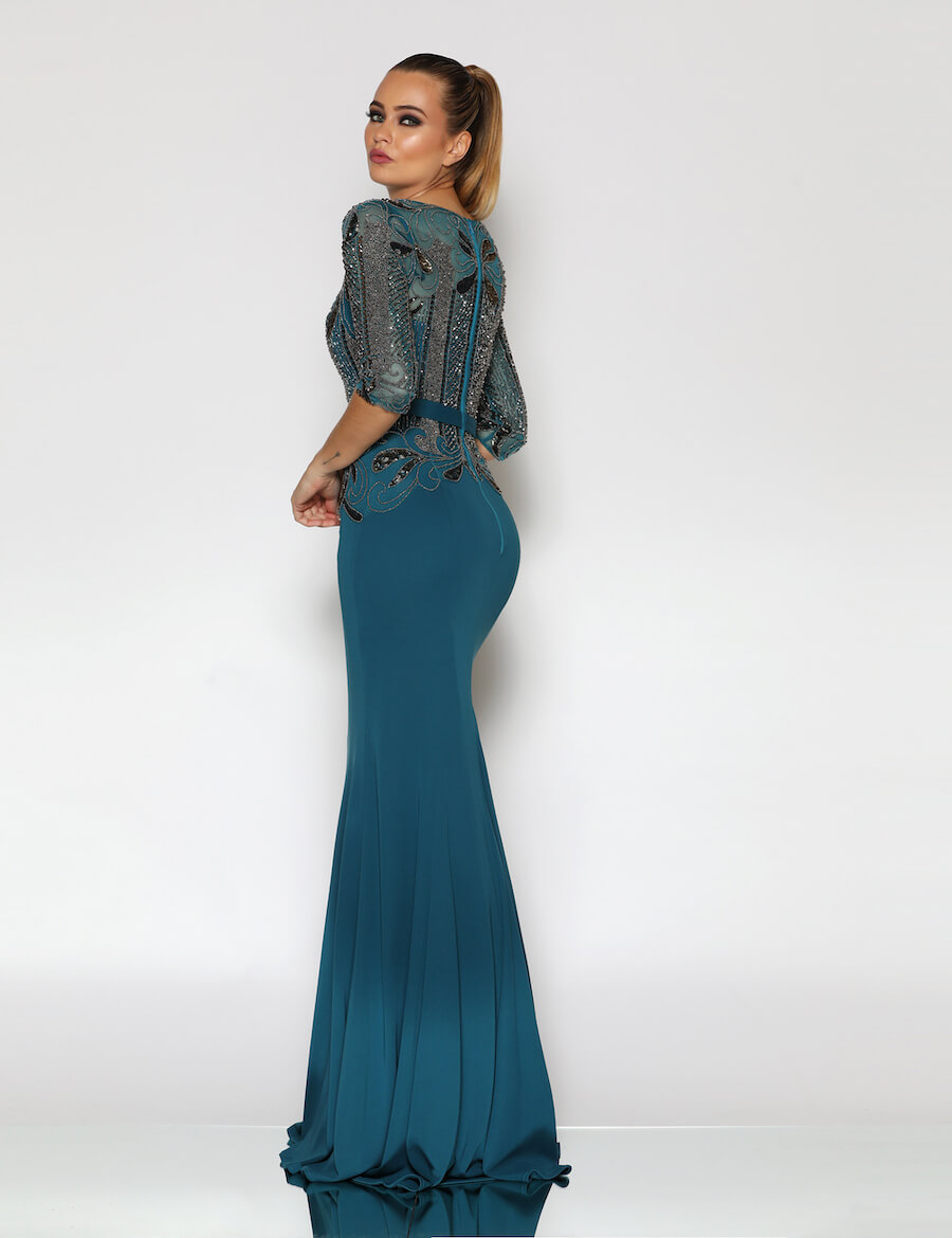 Beaded Bodice 3/4 Sleeve full length gown