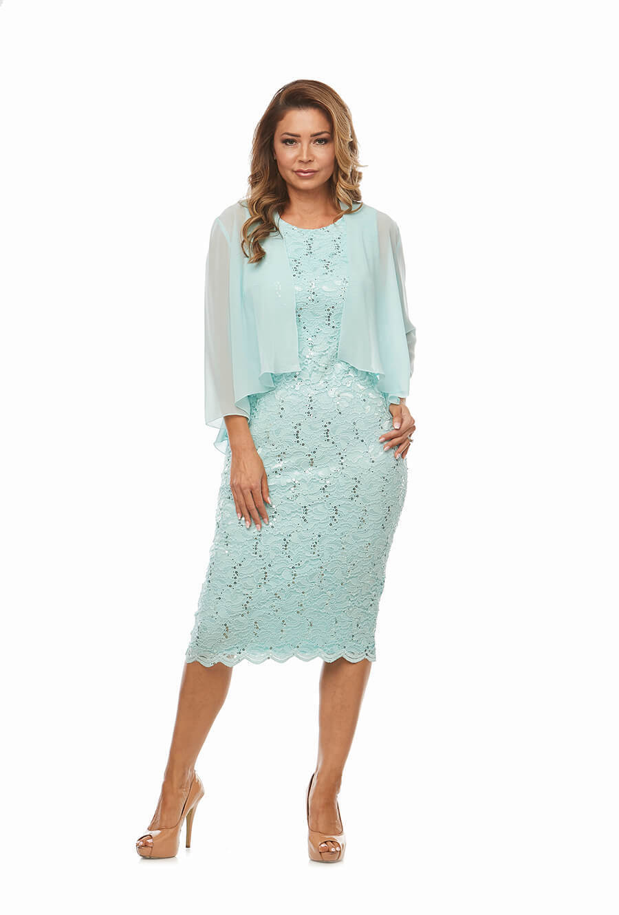 Stretch embroidered sequin cocktail dress with scallop hemline & chiffon jacket