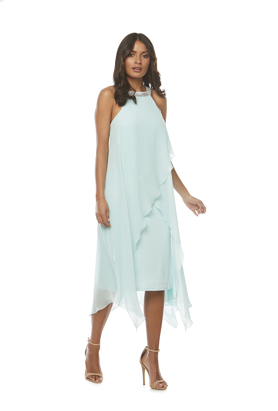 Soft Chiffon layered diamonte trim halter dress