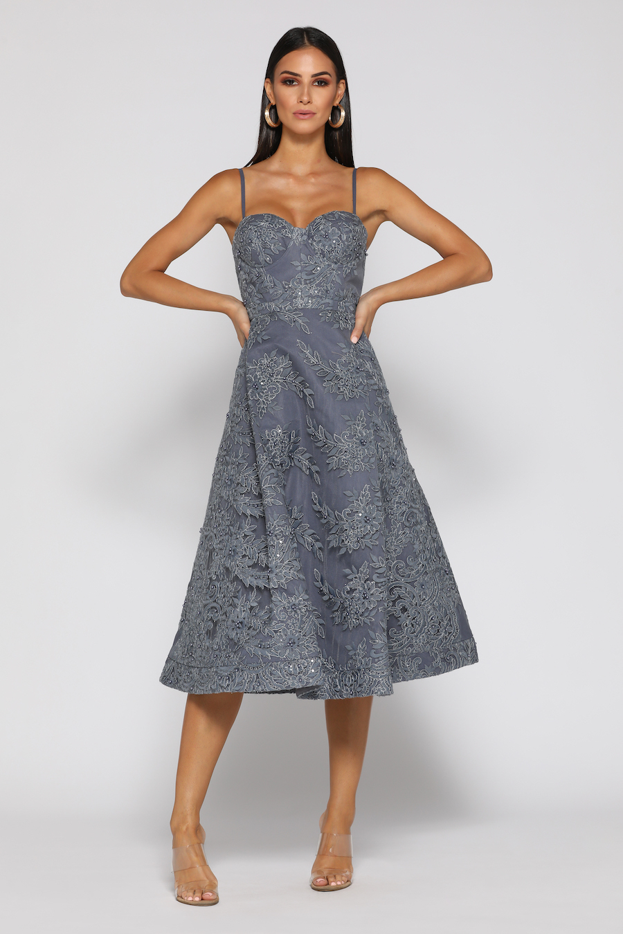 Strapless Pewter with a line skirt and detachable straps