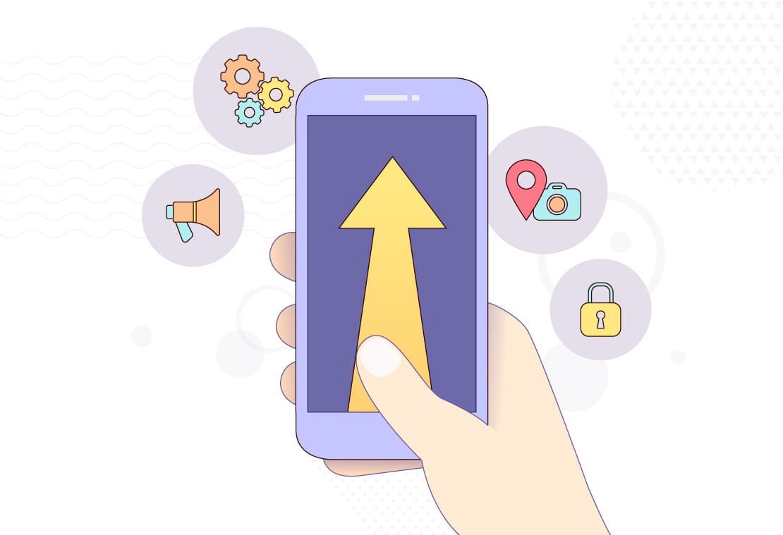 A smartphone with the arrow on the screen pointing upwards