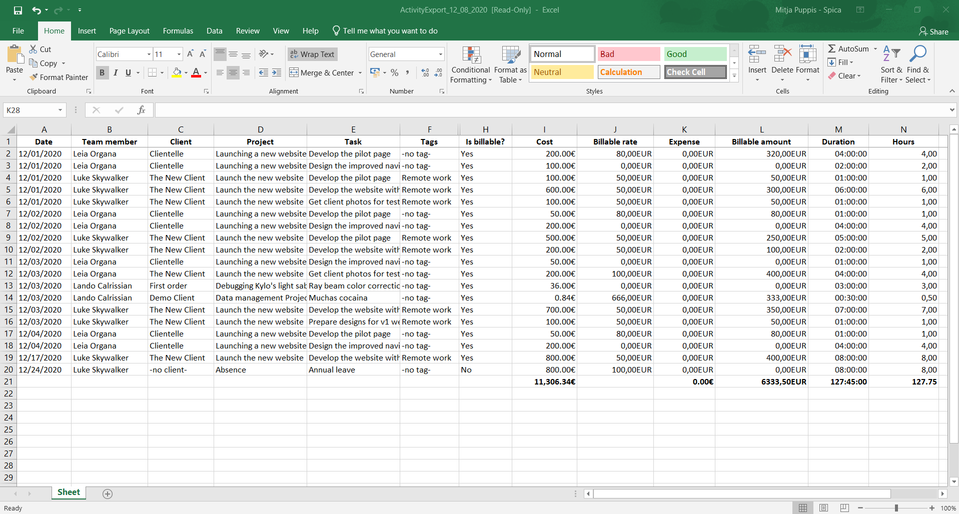 Payroll Excel export