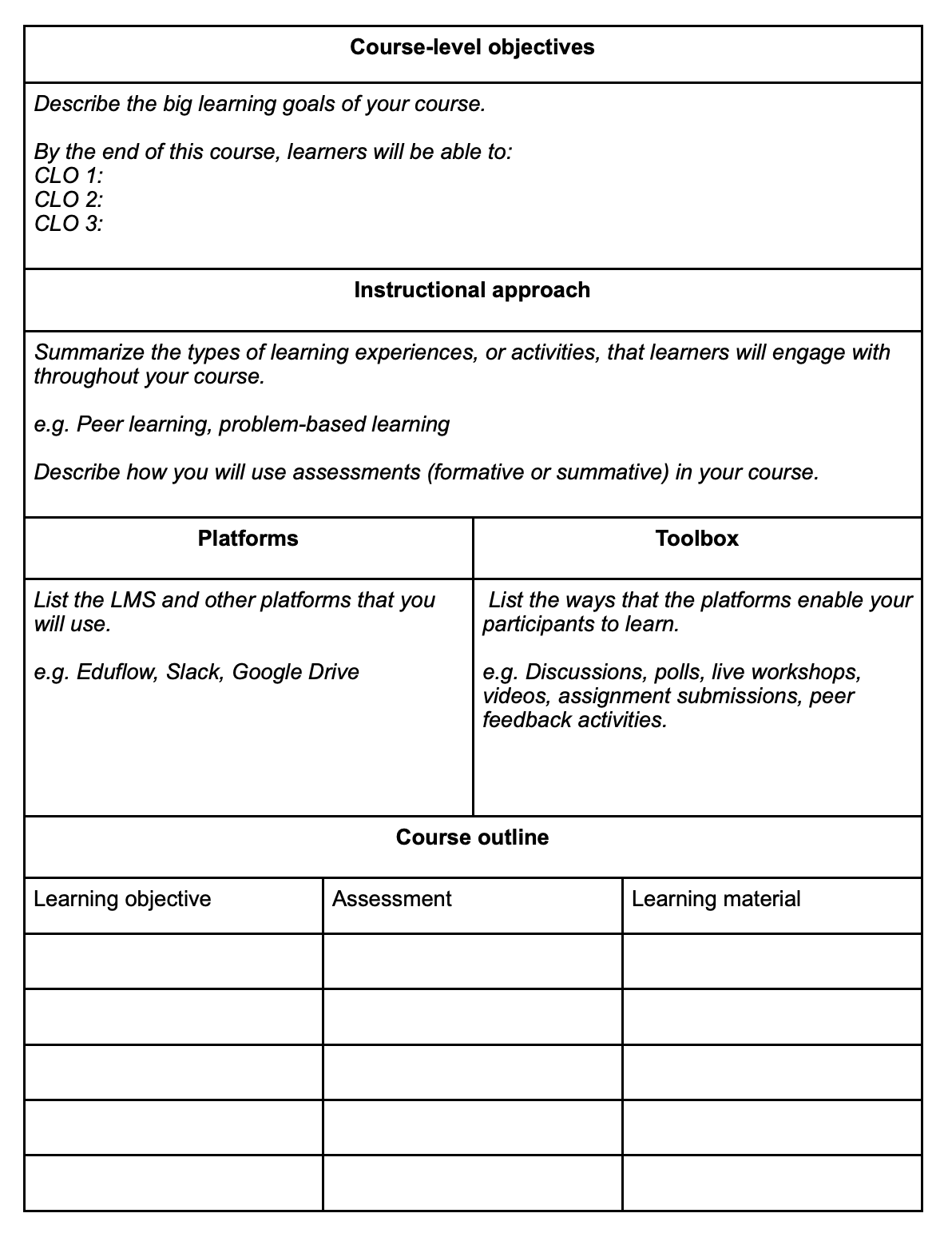 This image is of a table that shows course-level objectives, the instructional approach, platforms, a toolbox, and the course outline.