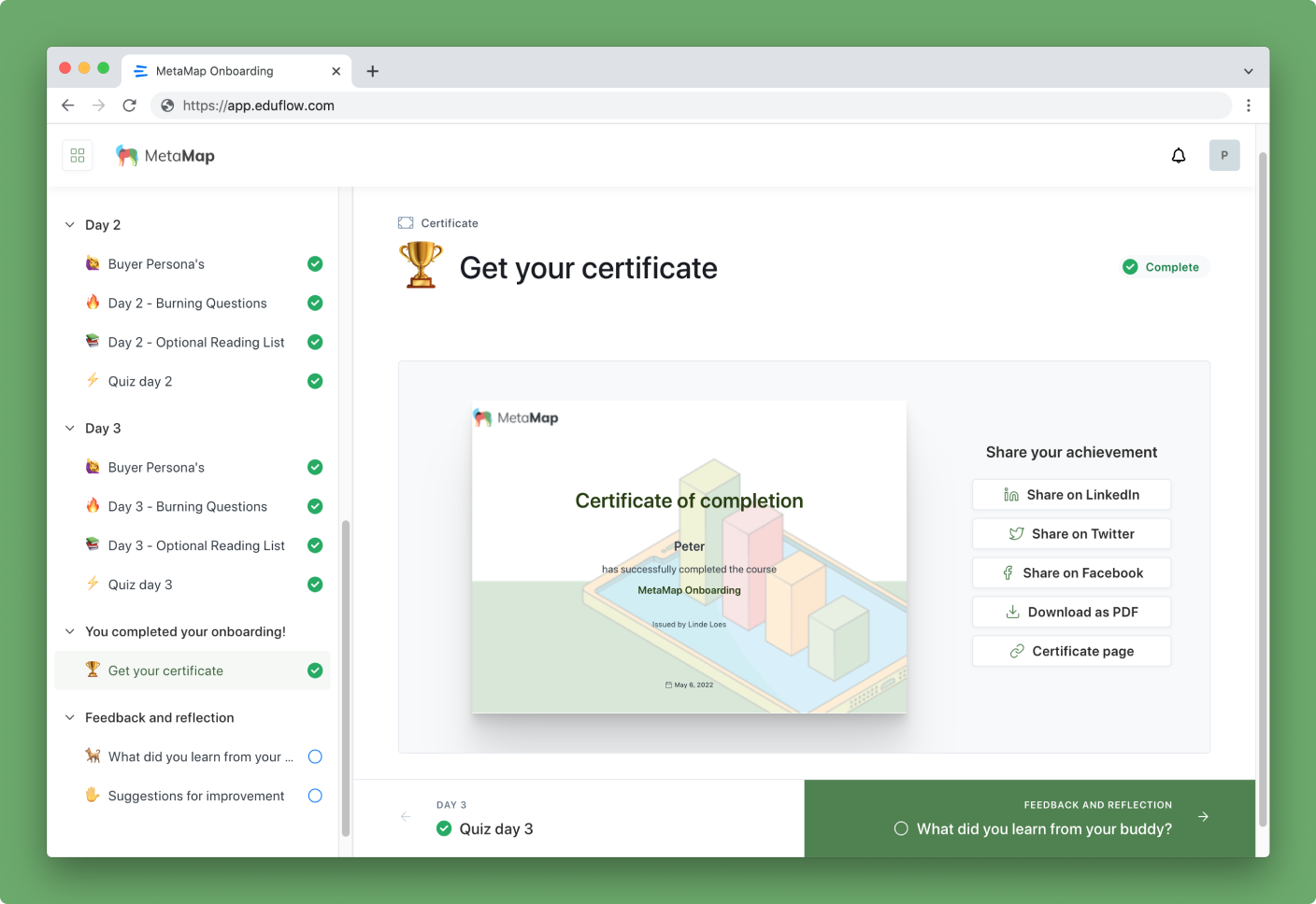 A screenshot of Eduflow's certificate activity.