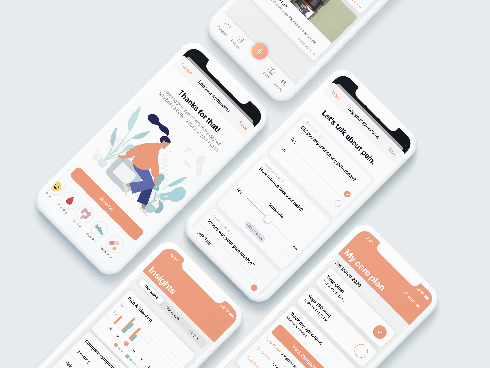 Eluvo app interface. A screen with a slider for users to put in their symptoms, a graph displaying symptoms, and a friendly illustration of a woman thanking users for filling out their symptoms.