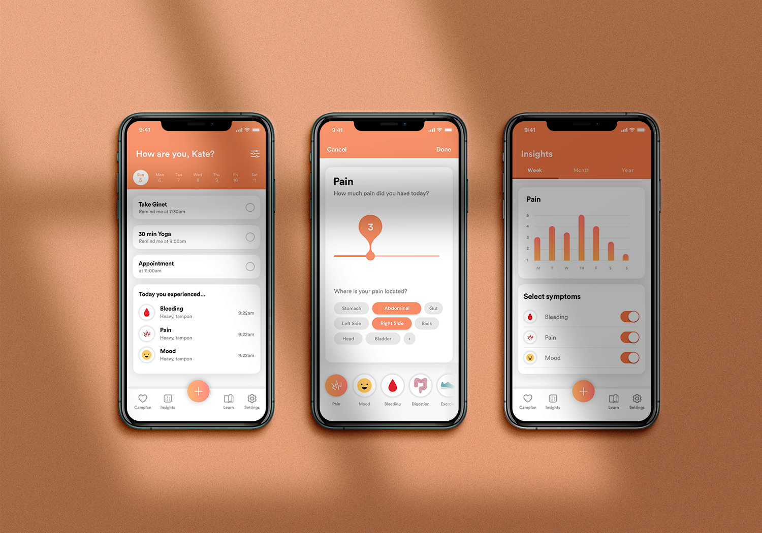 3 iphone screens displaying Eluvo's interface, the first shows a careplan with tasks to tick off, the second shows a slider for users to input their symptoms, the third shows a graph of the users symptoms. The UI is modern and features a peachy orange colour.