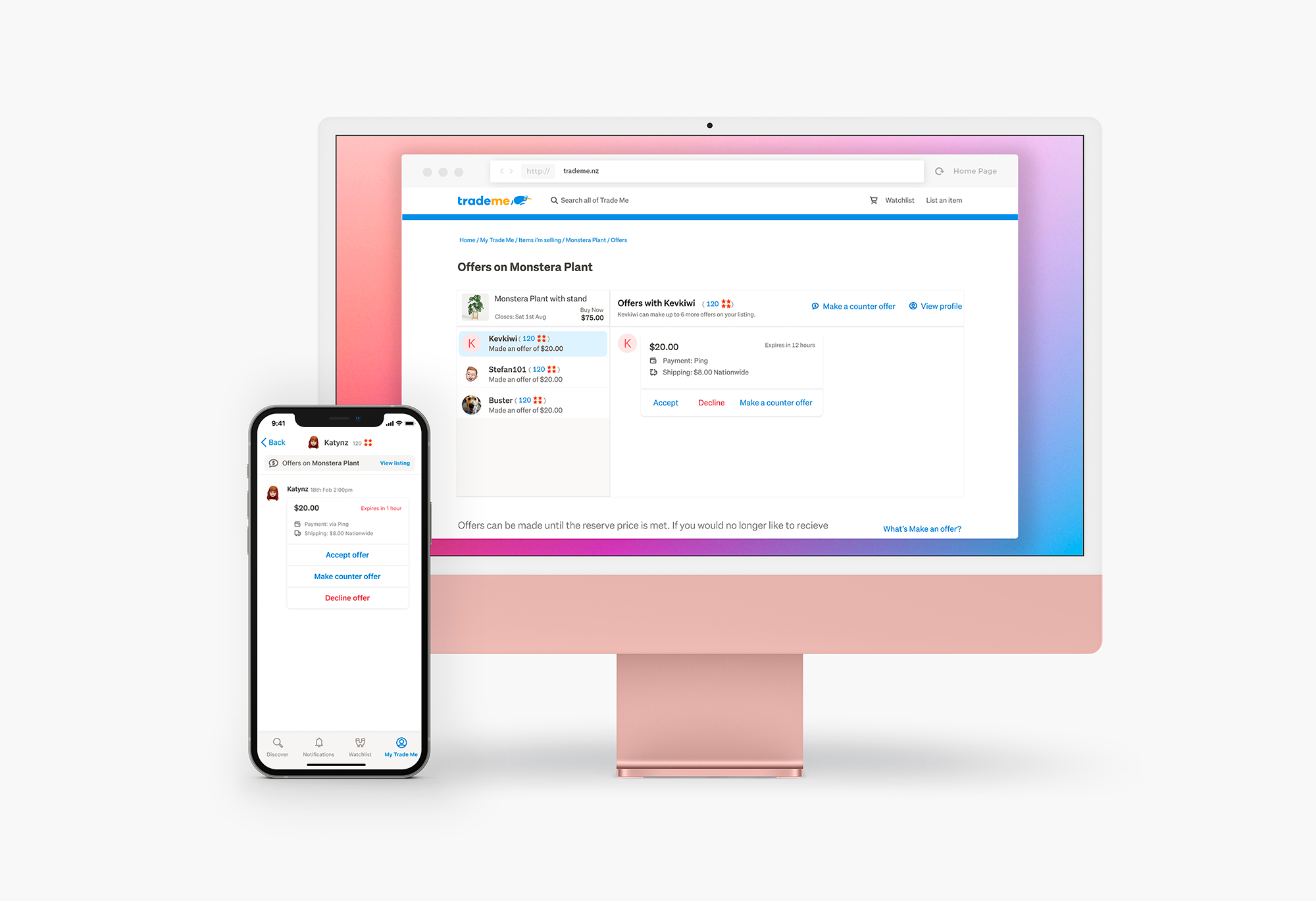A phone and desktop computer displaying the interface of the "Make an offer" feature on Trade me.