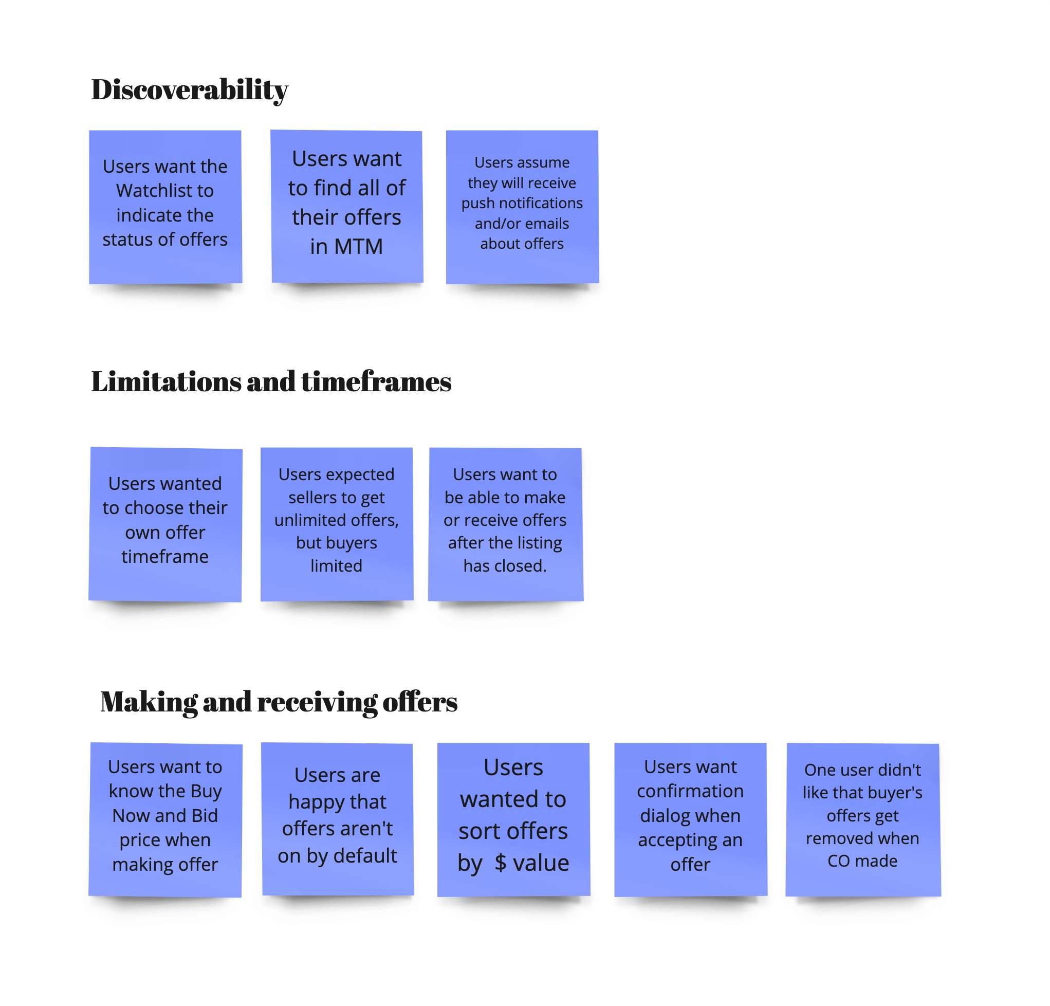 Post it notes displaying the key findings from user testing