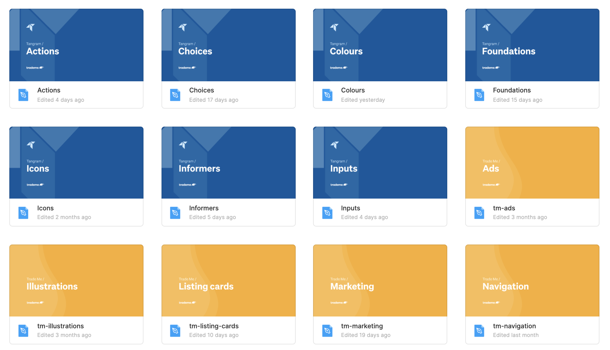 A selection of Trade Me's design libraries on Figma, organised by user task