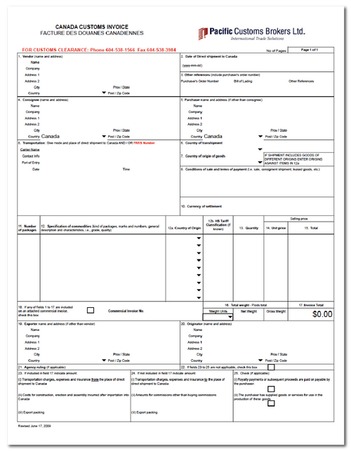 Canada Customs Forms PDF Downloads PCB