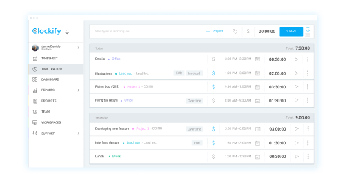 Clockify dashboard