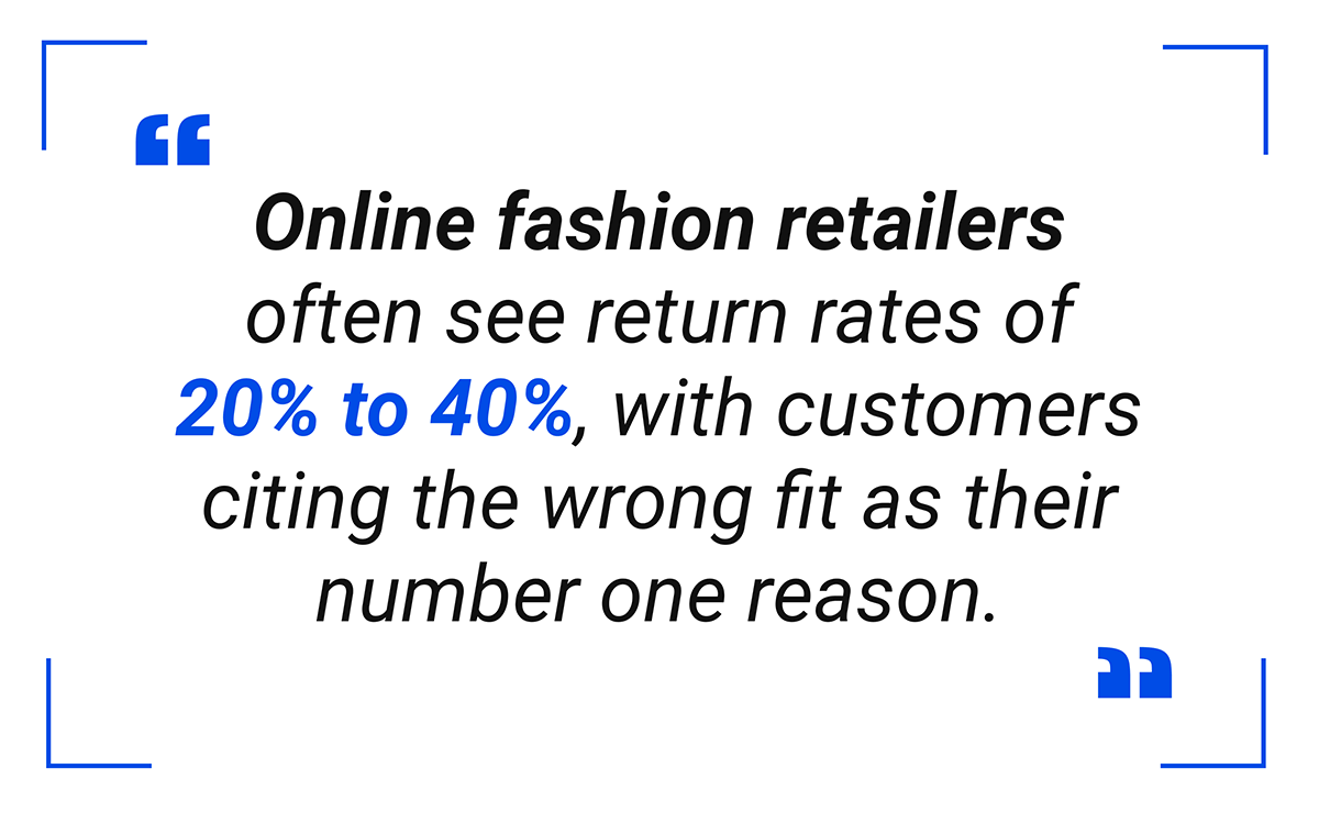 online fashion retailers often see return rates of 20% to 40%, with customers citing the wrong fit as their number one reason.