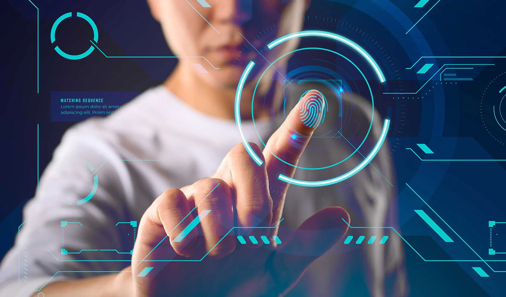 Man pointing his finger to screen with fingerprint