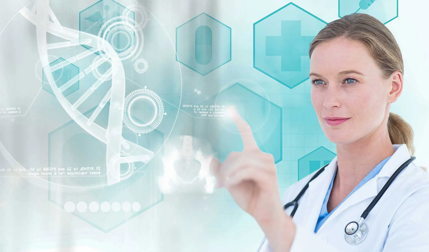 Female doctor pointing her finger in a high-tech screen