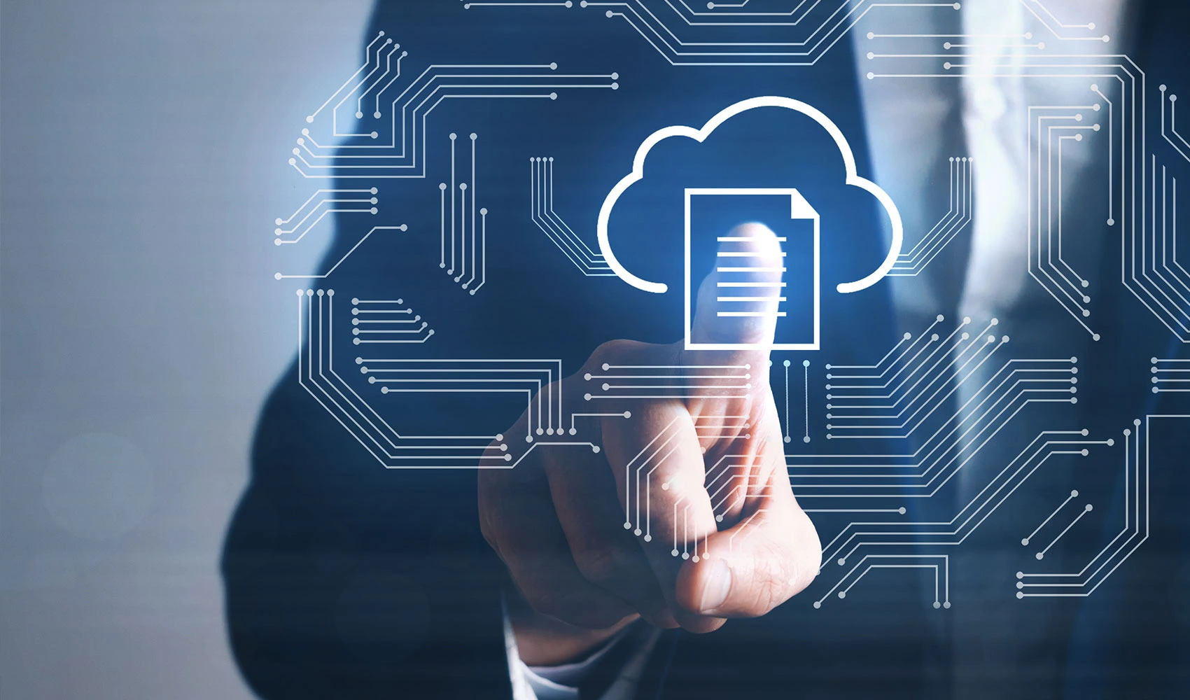 Businessman pointing cloud computing icon