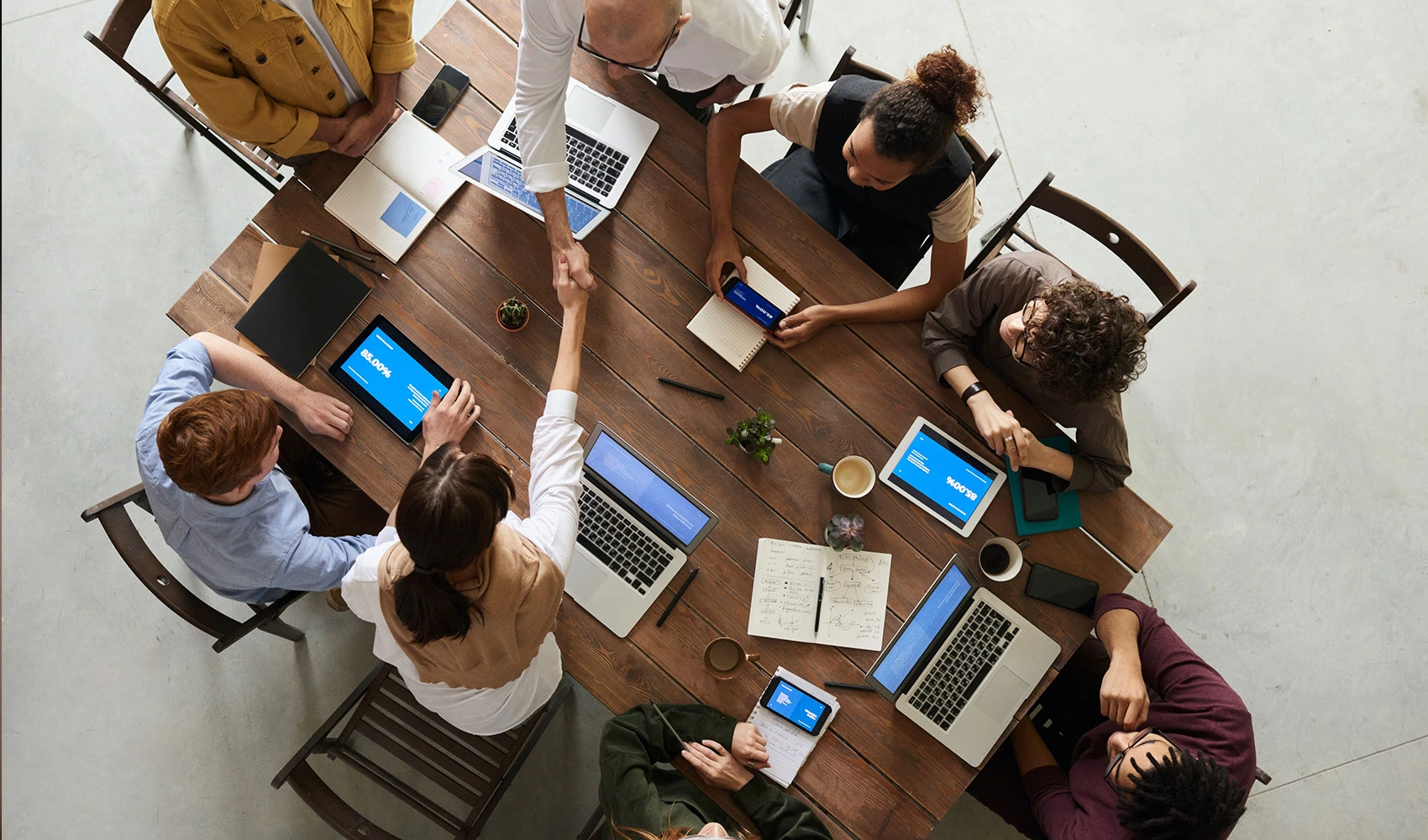 Aerial shot of a team gathering