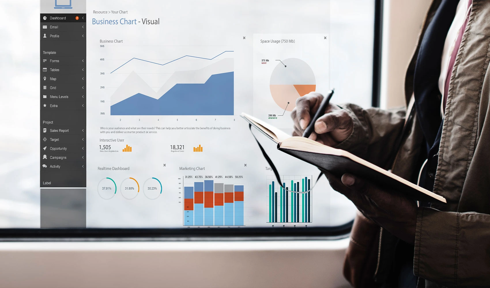 Employee presenting analytics research showing statistics
