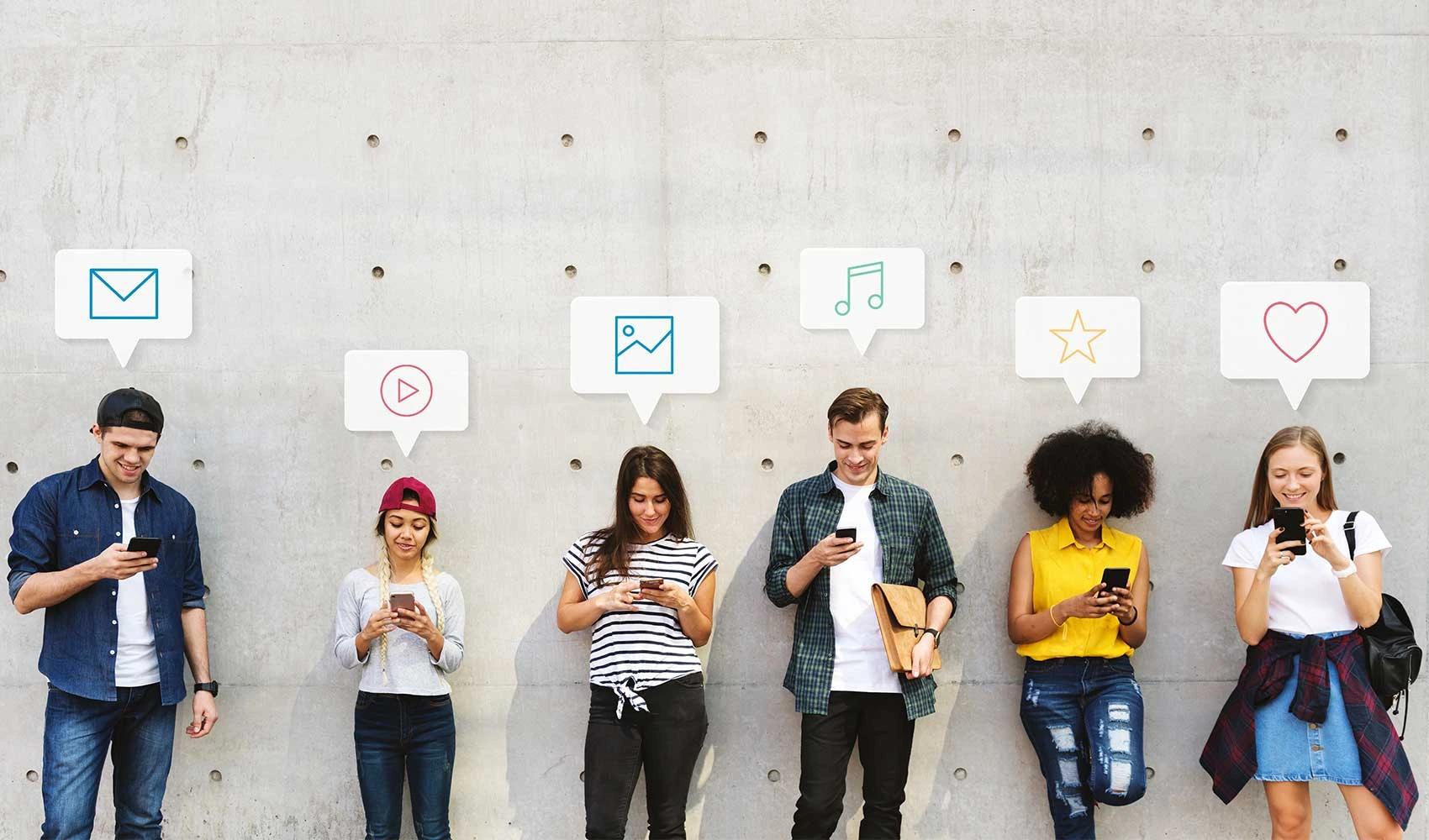 Group diverse people using their phones