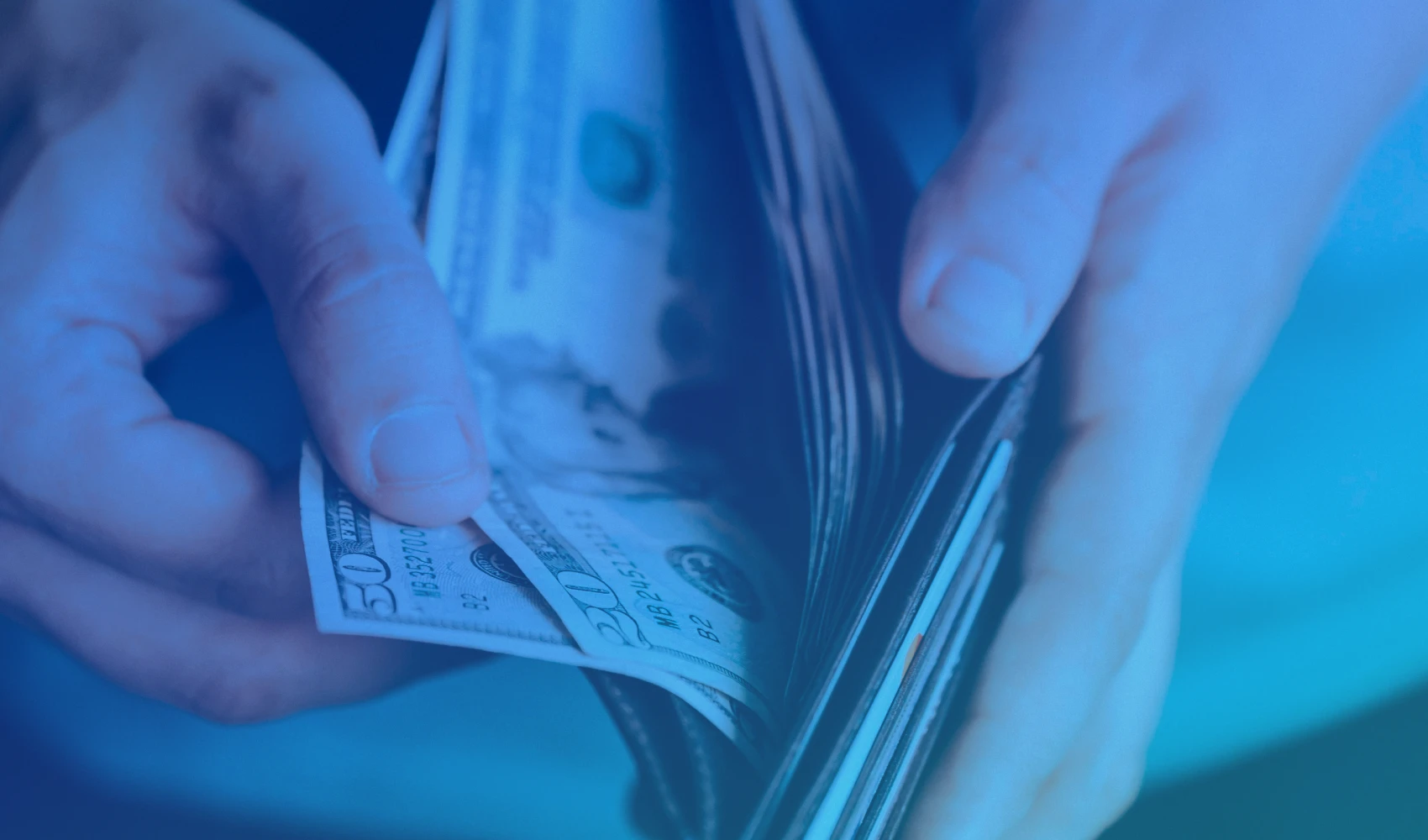 Cropped photo of a man getting dollar from his wallet with blue gradient overlay