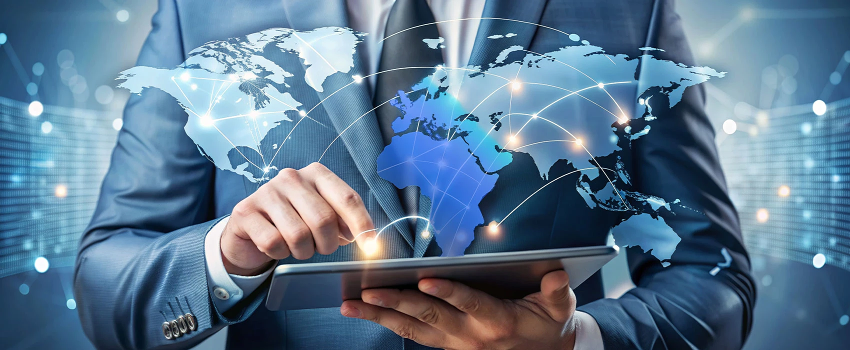 Businessman touching an iPad screen with global network background