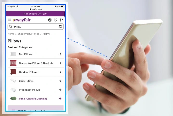 Searching pillows product on Wayfair website