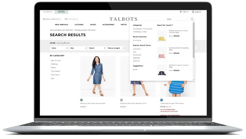 screenshot of Talbots search results page