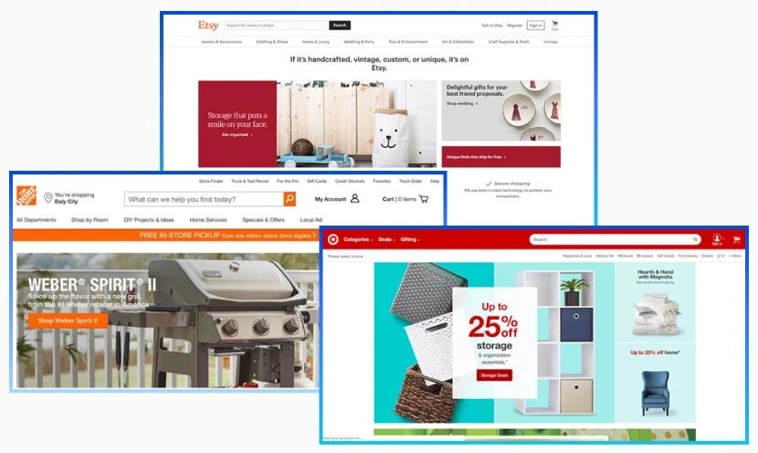 screenshots of ecommerce sites with different optimized search bars