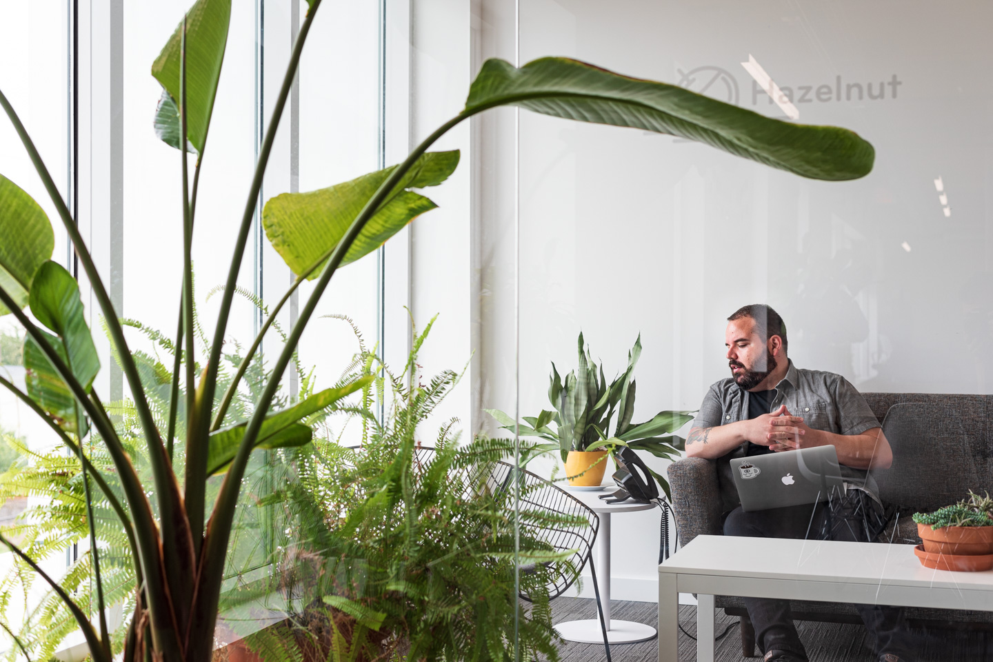 young professional on a conference call during a commercial photoshoot